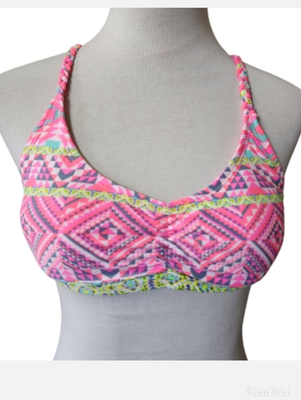 Bongo Pink Yellow Turquois Gray colorful strappy bikini top Women's size large